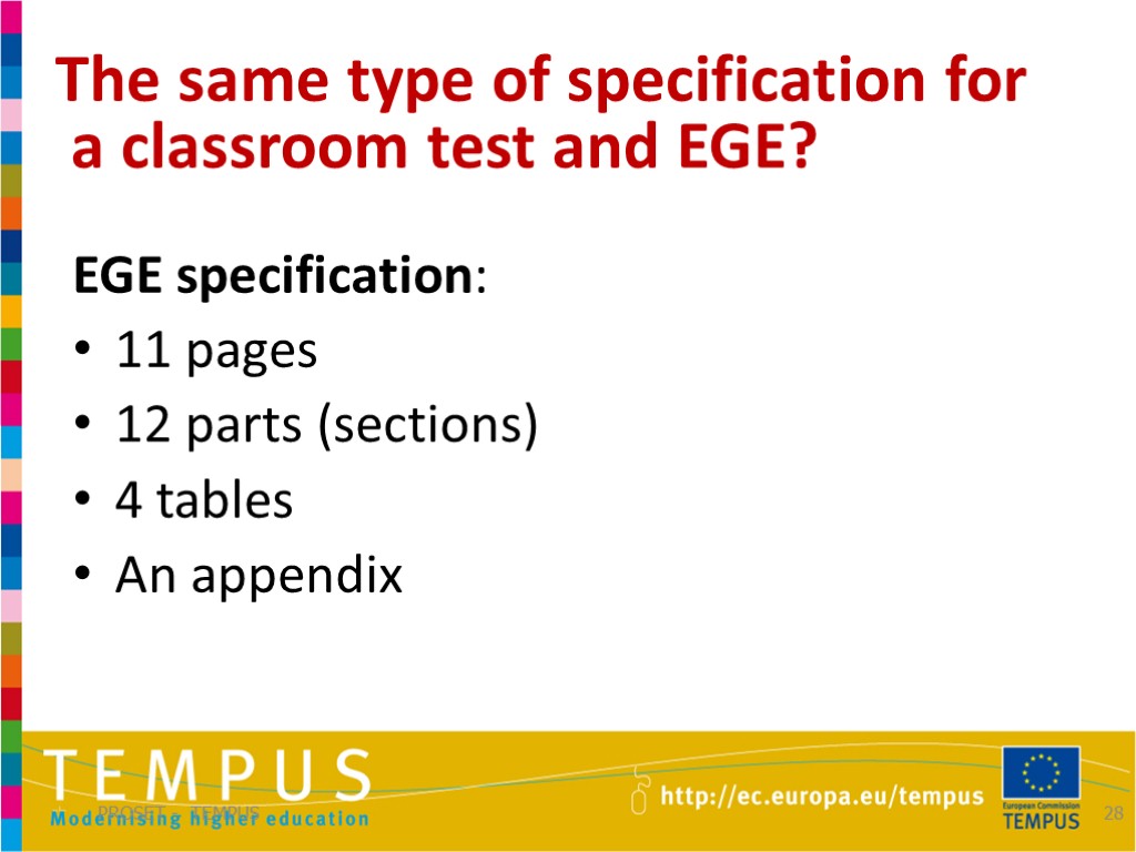 The same type of specification for a classroom test and EGE? PROSET - TEMPUS